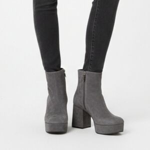 PRADA Grey Suede Platform Retro Block Chunky Heel Ankle Bootie Round Toe 38